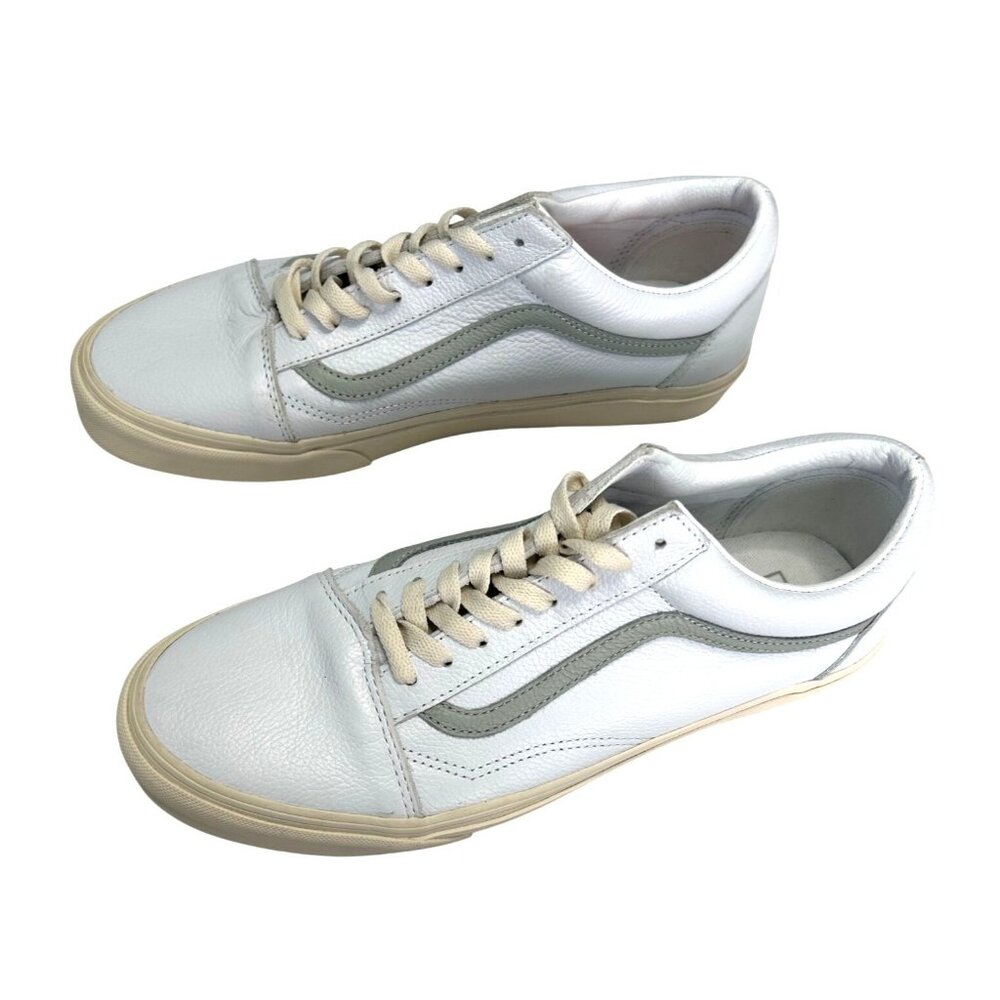 Vans Old Skool Low Top Unisex Sneakers White Gray Leather Women 13 Men 11.5 New - Picture 2 of 9